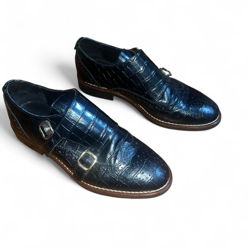 Cosmoparis Woman's Black Leather Crocodile Monk Strap Loafers SZ 37 EU